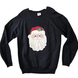 Vintage Christmas Sweatshirt 2XL Black Fleece Crewneck Santa Glitter Holiday